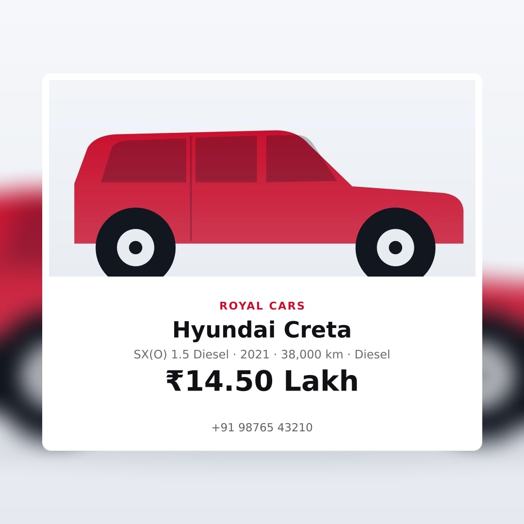 Ek gaadi ka WhatsApp poster, abhi banaya gaya — Royal Cars ke naam aur number ke saath